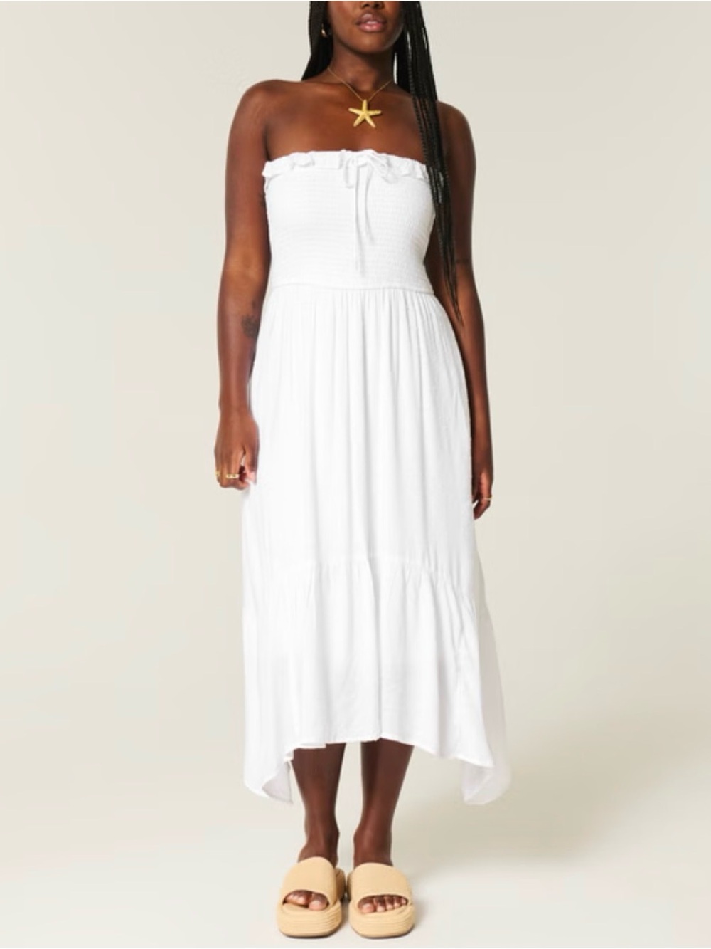 Hollister White Strapless Smocked Midi Dress